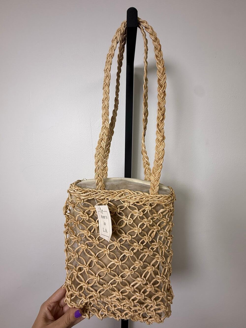 Woven Straw Mesh Tote Bag with Canvas Lining – Natural Shoulder Handbag